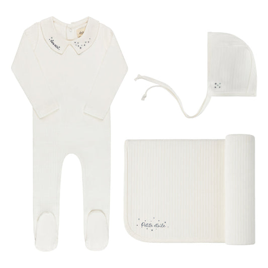 Baby Boy Layette Set – Ivory Blue – Floral Star Embroidered Collar
