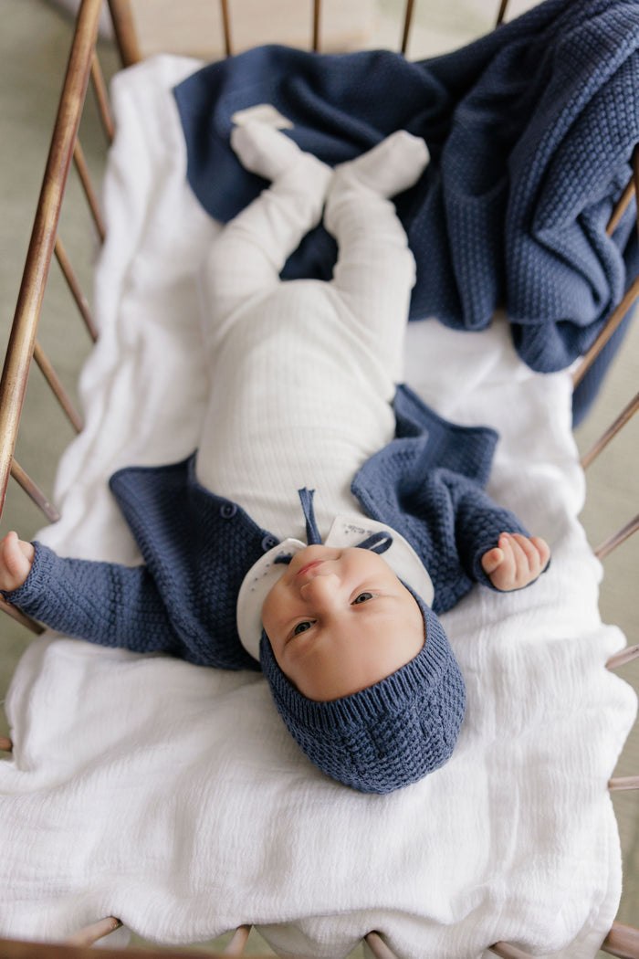 Baby Boy Layette Set – Ivory Blue – Floral Star Embroidered Collar