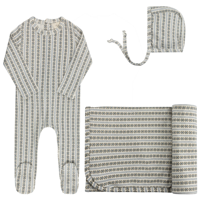Baby Boy Layette Set – Ivory Blue – Linear Leaf