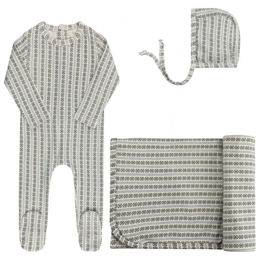 Baby Boy Layette Set – Ivory Blue – Linear Leaf