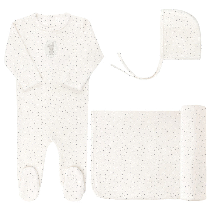 Baby Boy Layette Set – Ivory Boy – Bunny Pin Dot