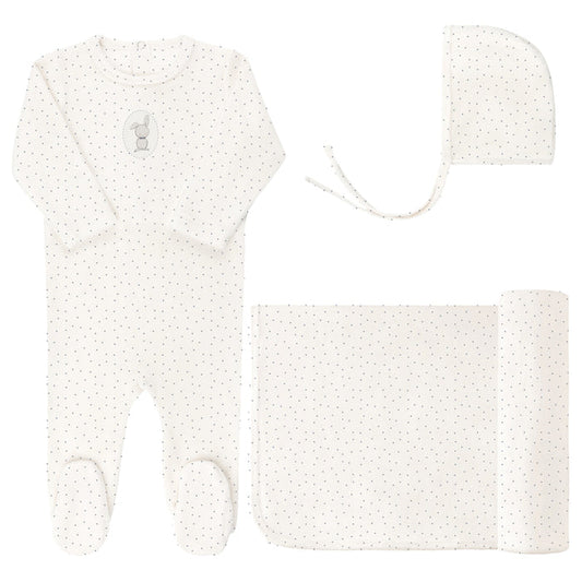 Baby Boy Layette Set – Ivory Boy – Bunny Pin Dot