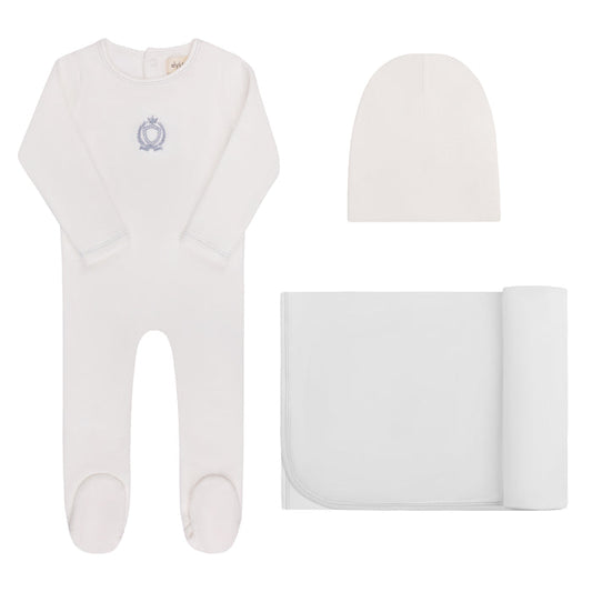 Baby Boy Layette Set – Ivory Boy – Metallic Crest