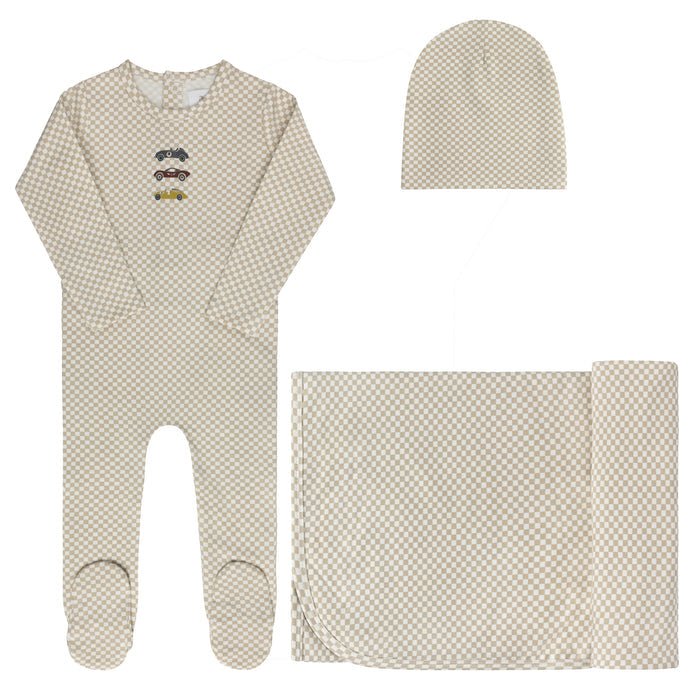 Baby Boy Layette Set – Tan – Checked Race Car