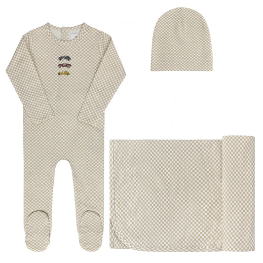 Baby Boy Layette Set – Tan – Checked Race Car