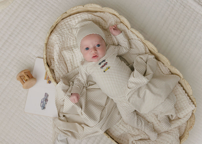 Baby Boy Layette Set – Tan – Checked Race Car