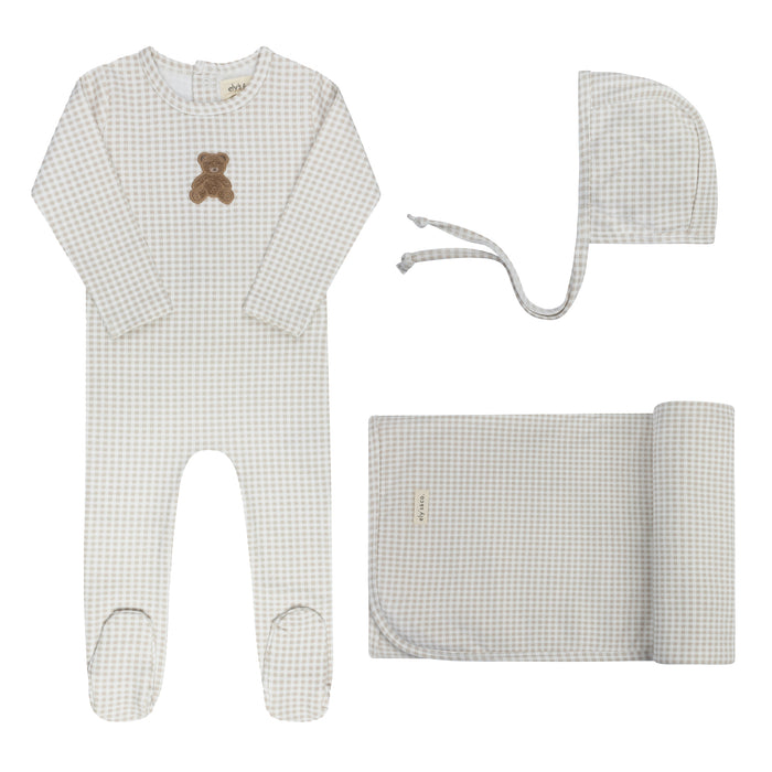 Baby Boy Layette Set – Tan – Gingham Teddy