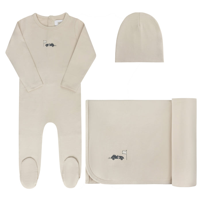 Baby Boy Layette Set – Tan – Race Car