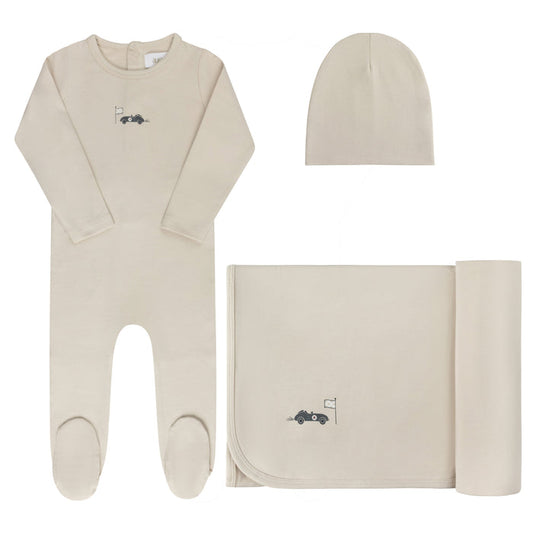 Baby Boy Layette Set – Tan – Race Car