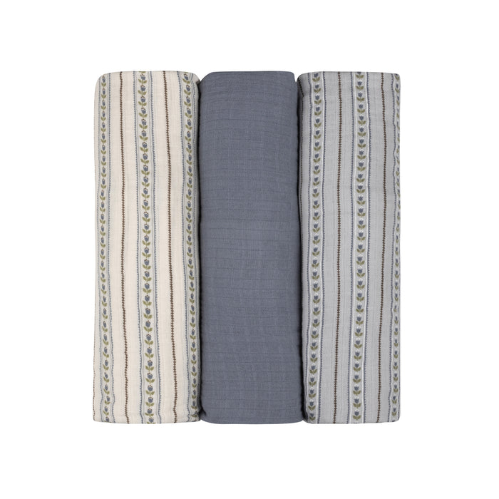 Baby Boy Muslin Swaddle Blanket 3-Pack - Blue - Linear Tulip