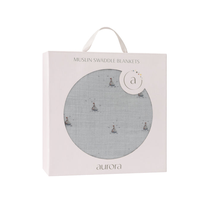 Baby Boy Muslin Swaddle Blanket – Blue – Nautical Print