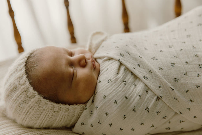 Baby Boy Muslin Swaddle Blanket – Ivory Blue – Embroidered