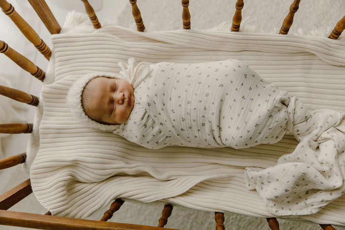 Baby Boy Muslin Swaddle Blanket – Ivory Blue – Embroidered