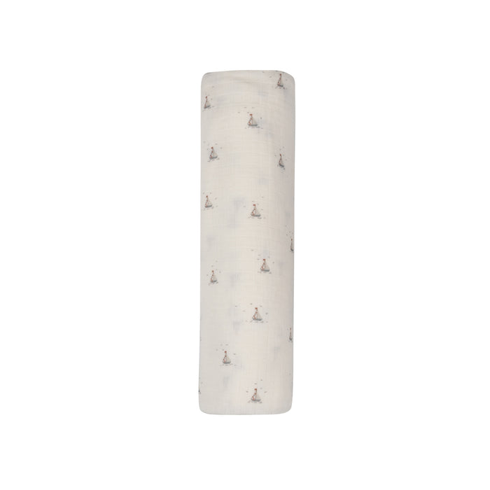 Baby Boy Muslin Swaddle Blanket – Ivory Blue – Nautical Print