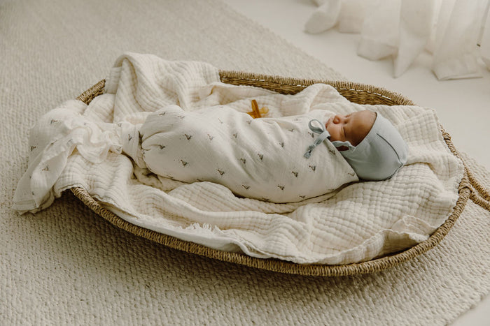 Baby Boy Muslin Swaddle Blanket – Ivory Blue – Nautical Print
