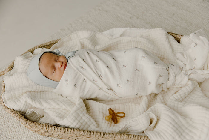 Baby Boy Muslin Swaddle Blanket – Ivory Blue – Nautical Print