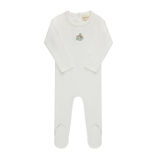 Baby Girl Footie - Ivory - Embroidered Florals