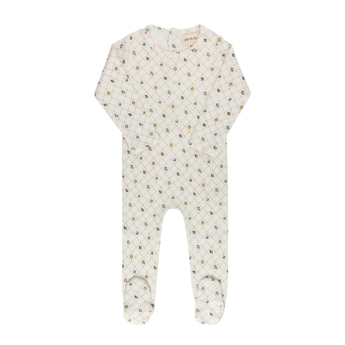 Baby Girl Footie - Ivory - Floral Grid