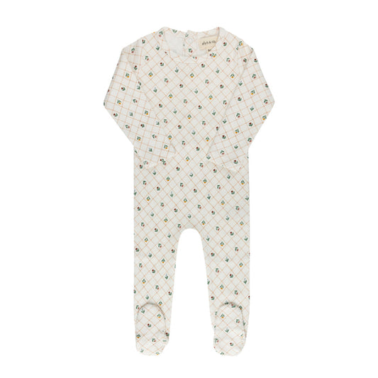 Baby Girl Footie - Ivory - Floral Grid