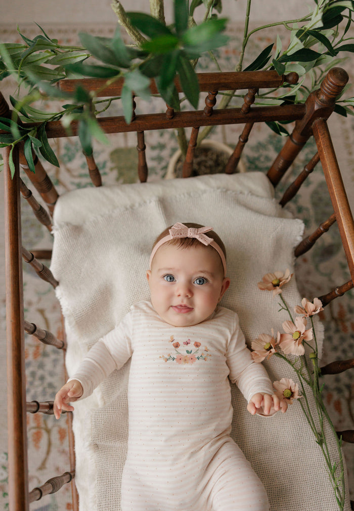 Baby Girl Footie - Ivory Pink - Floral Stripe