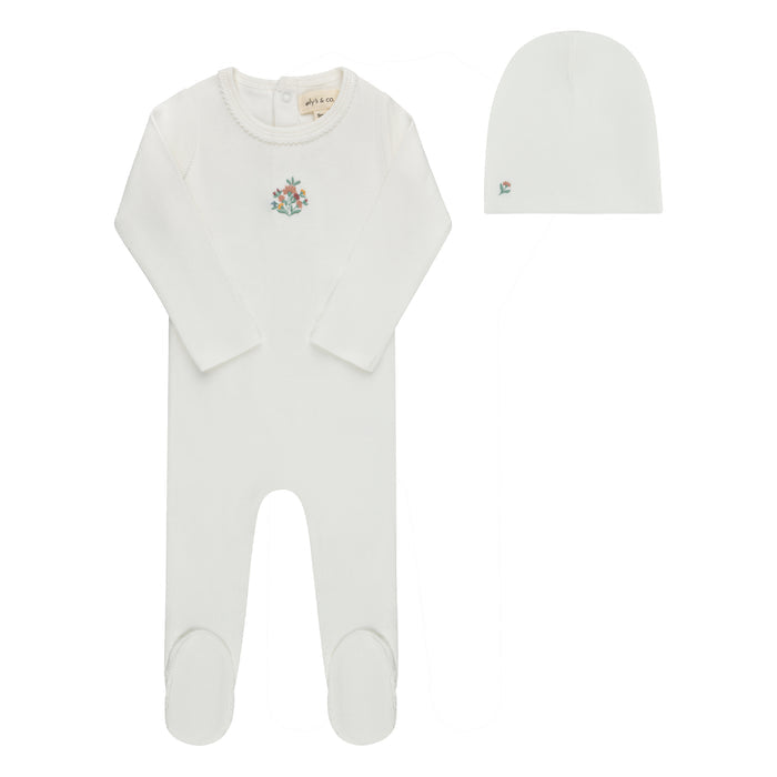 Baby Girl Footie and Beanie - Ivory - Embroidered Florals