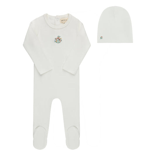 Baby Girl Footie and Beanie - Ivory - Embroidered Florals