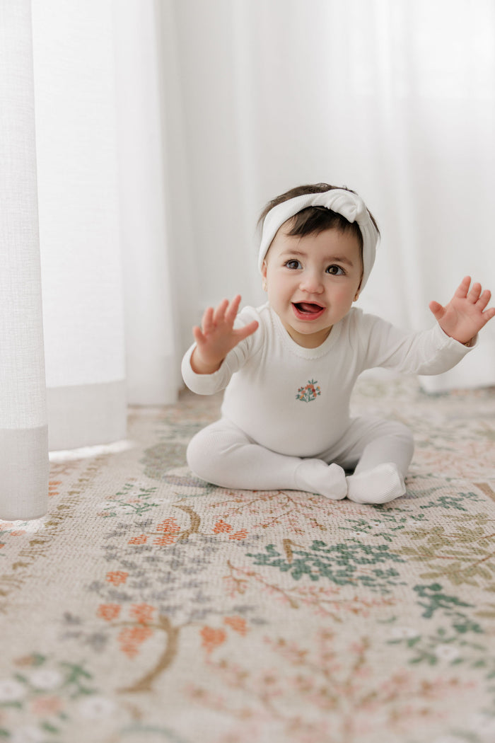 Baby Girl Footie and Beanie - Ivory - Embroidered Florals