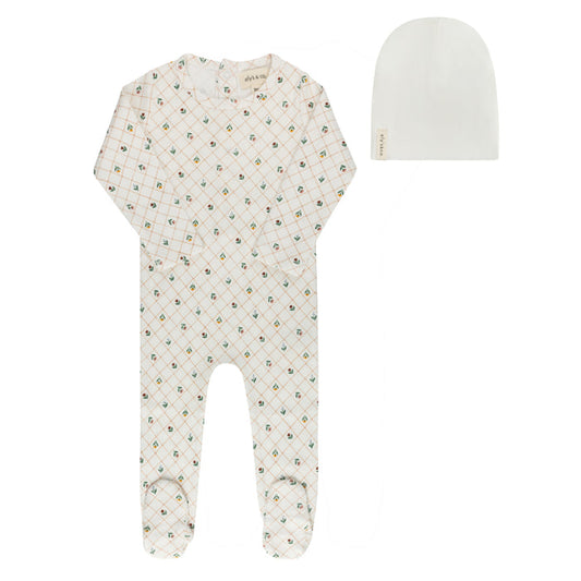Baby Girl Footie and Beanie - Ivory - Floral Grid