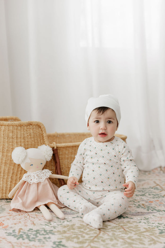 Baby Girl Footie and Beanie - Ivory - Floral Grid
