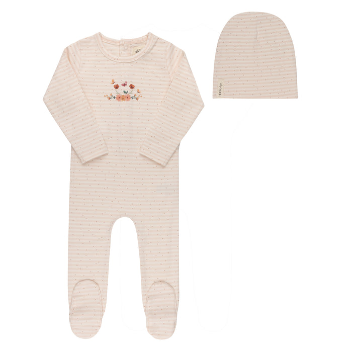 Baby Girl Footie and Beanie - Ivory Pink - Floral Stripe