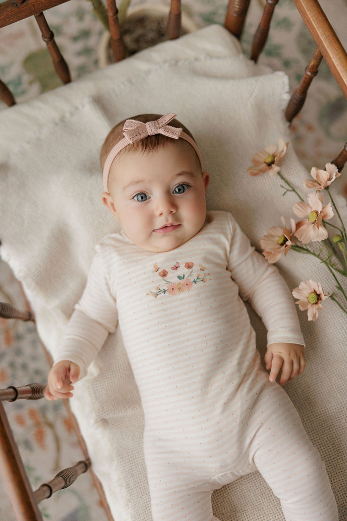 Baby Girl Footie and Beanie - Ivory Pink - Floral Stripe