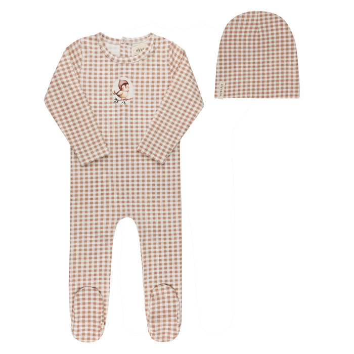 Baby Girl Footie and Beanie - Mauve - Gingham Owl