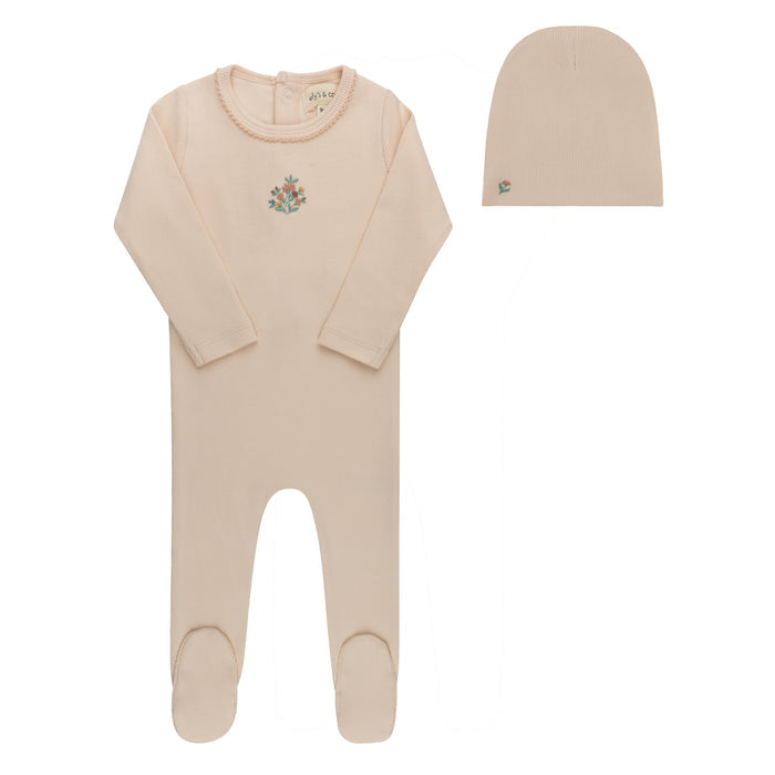 Baby Girl Footie and Beanie - Pink - Embroidered Florals