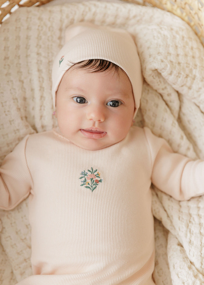 Baby Girl Footie and Beanie - Pink - Embroidered Florals