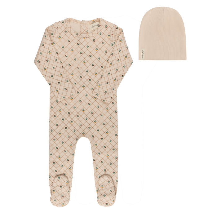 Baby Girl Footie and Beanie - Pink - Floral Grid