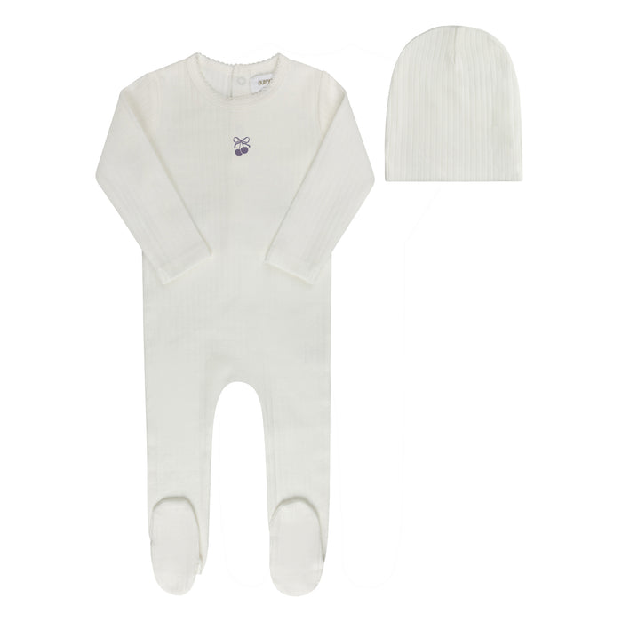 Baby Girl Footie and Beanie – Ivory Lilac – Bow Print