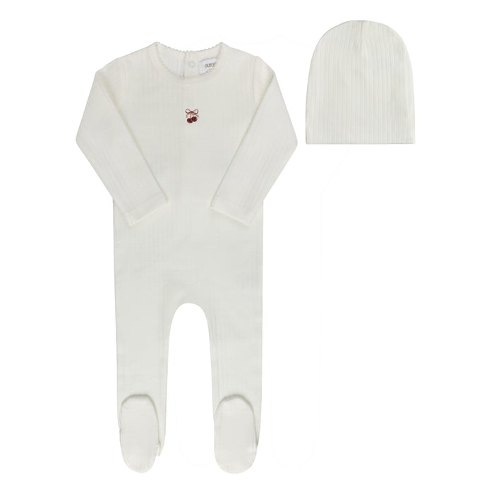 Baby Girl Footie and Beanie – Ivory Pink – Bow Print