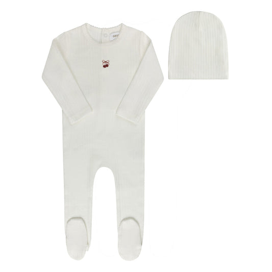 Baby Girl Footie and Beanie – Ivory Pink – Bow Print