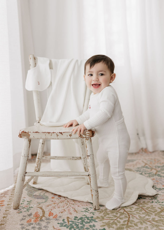Baby Girl Footie and Beanie – Ivory Pink – Bow Print