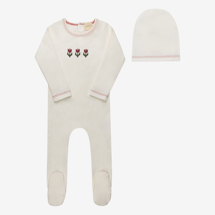 Baby Girl Footie and Beanie – Ivory Pink – Cross Stitch Tulip