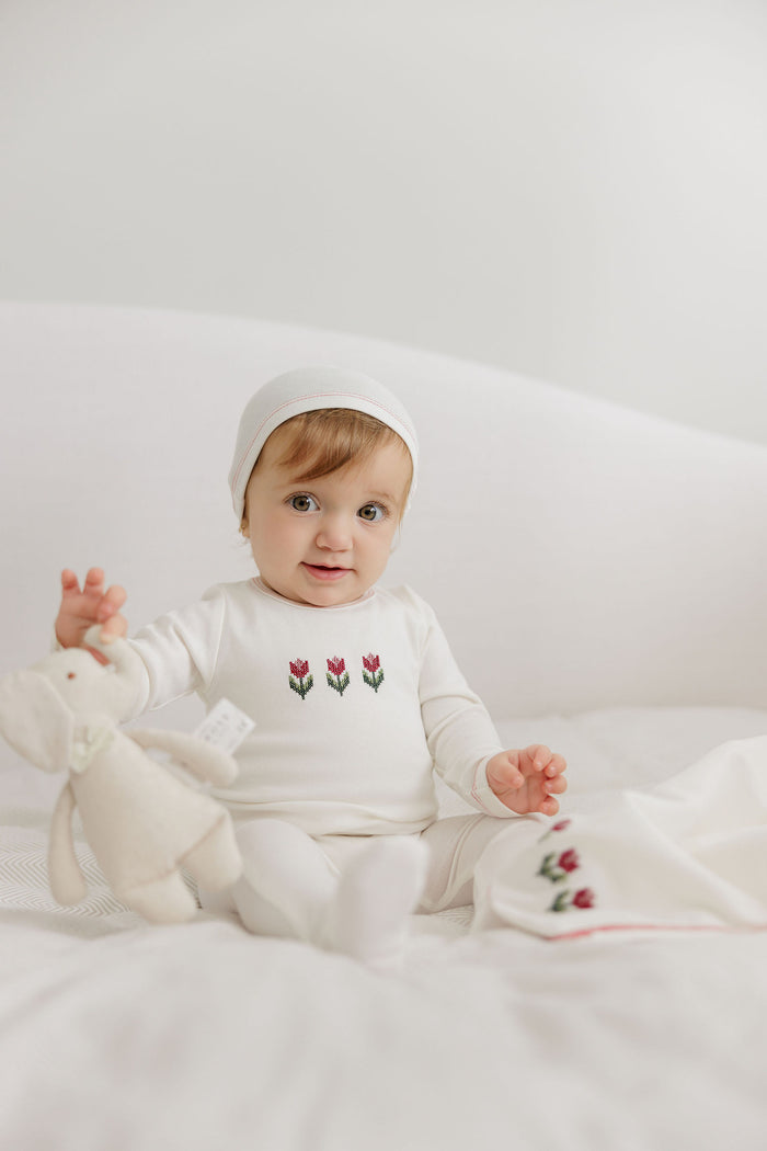 Baby Girl Footie and Beanie – Ivory Pink – Cross Stitch Tulip