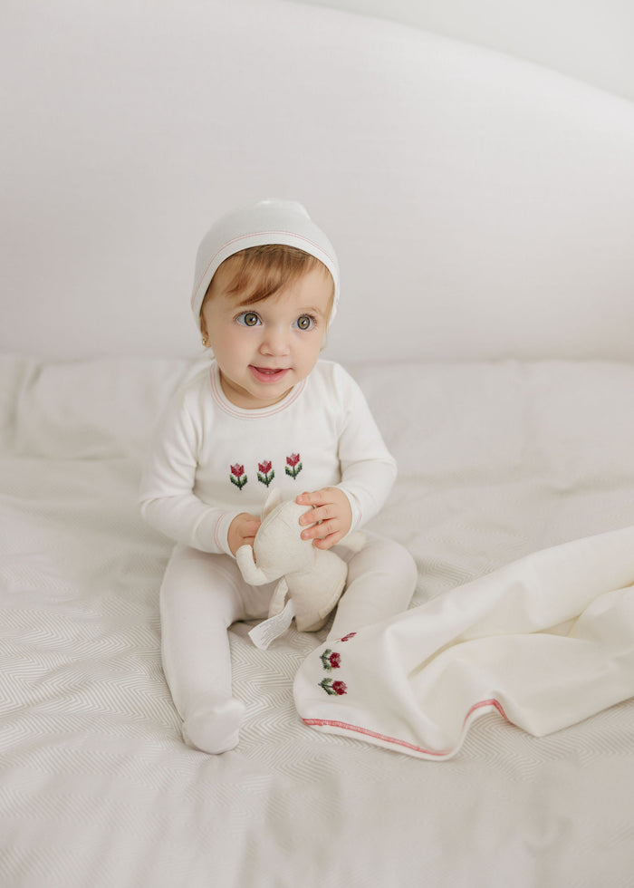 Baby Girl Footie and Beanie – Ivory Pink – Cross Stitch Tulip