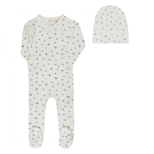 Baby Girl Footie and Beanie – Ivory Pink – Floral Pointelle