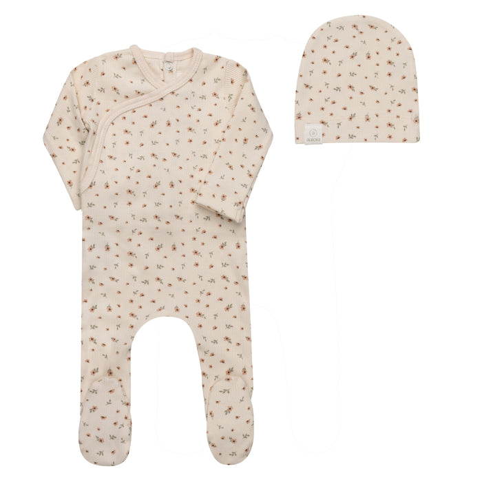 Baby Girl Footie and Beanie – Ivory Pink – Floral Rib
