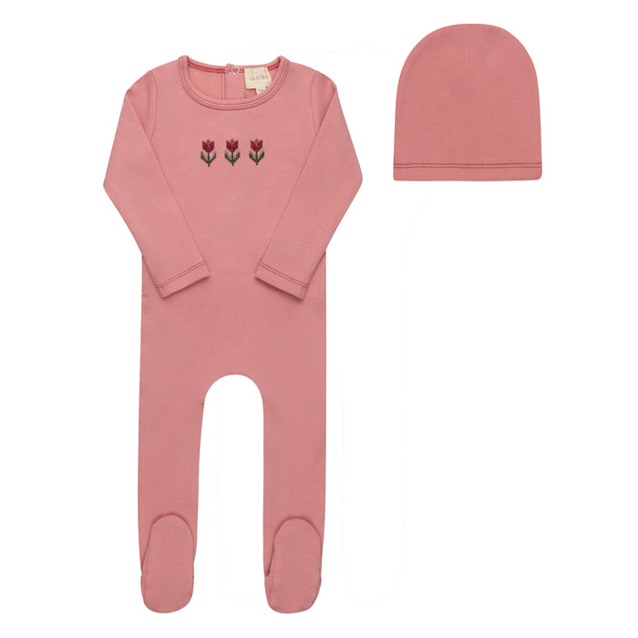 Baby Girl Footie and Beanie – Pink – Cross Stitch Tulip