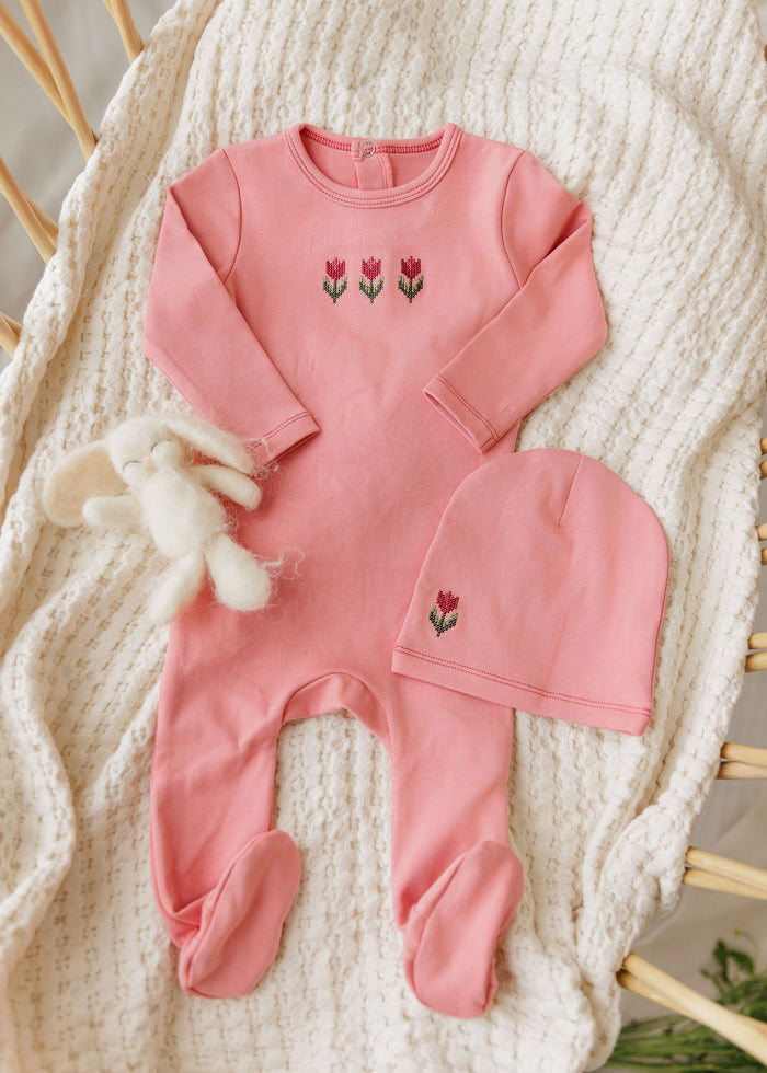 Baby Girl Footie and Beanie – Pink – Cross Stitch Tulip