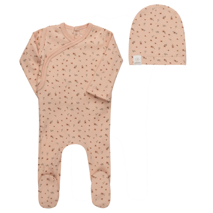 Baby Girl Footie and Beanie – Pink – Floral Rib