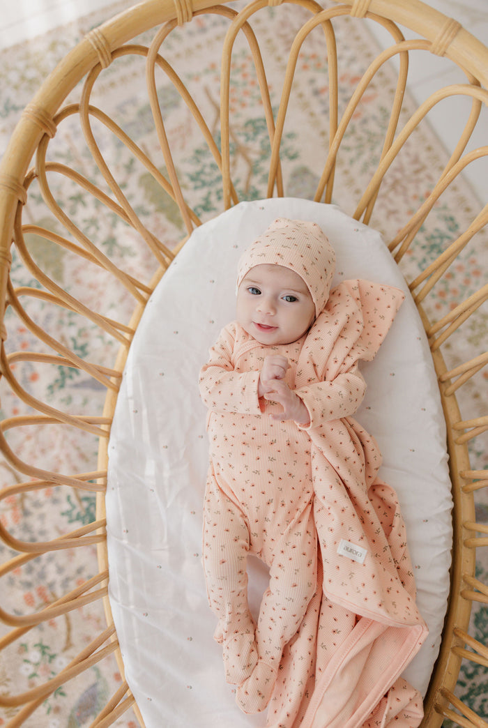 Baby Girl Footie and Beanie – Pink – Floral Rib
