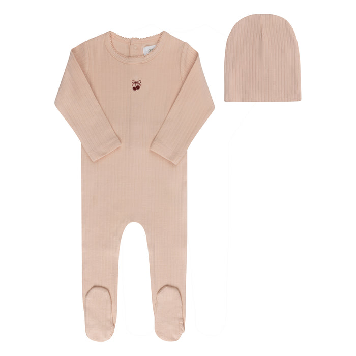 Baby Girl Footie and Beanie – Pink/Red – Bow Print