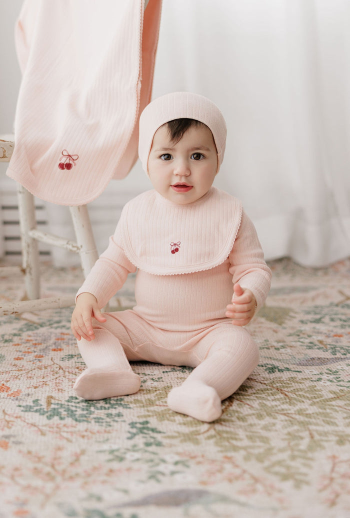Baby Girl Footie and Beanie – Pink/Red – Bow Print